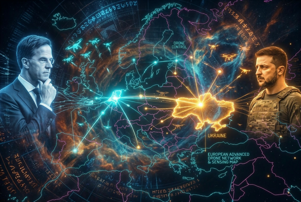Map of Europe showing drone control nodes in the Netherlands and Ukraine with connecting data links and drones.