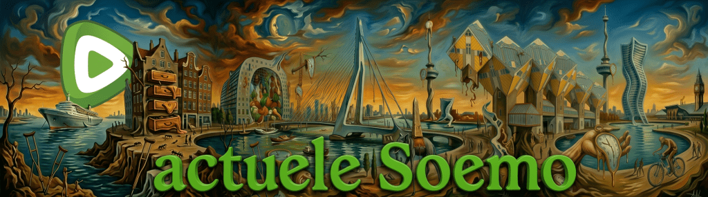 Surrealistic cityscape with melting clocks, an elephant with long legs, modern buildings, and a river under a dramatic sky.